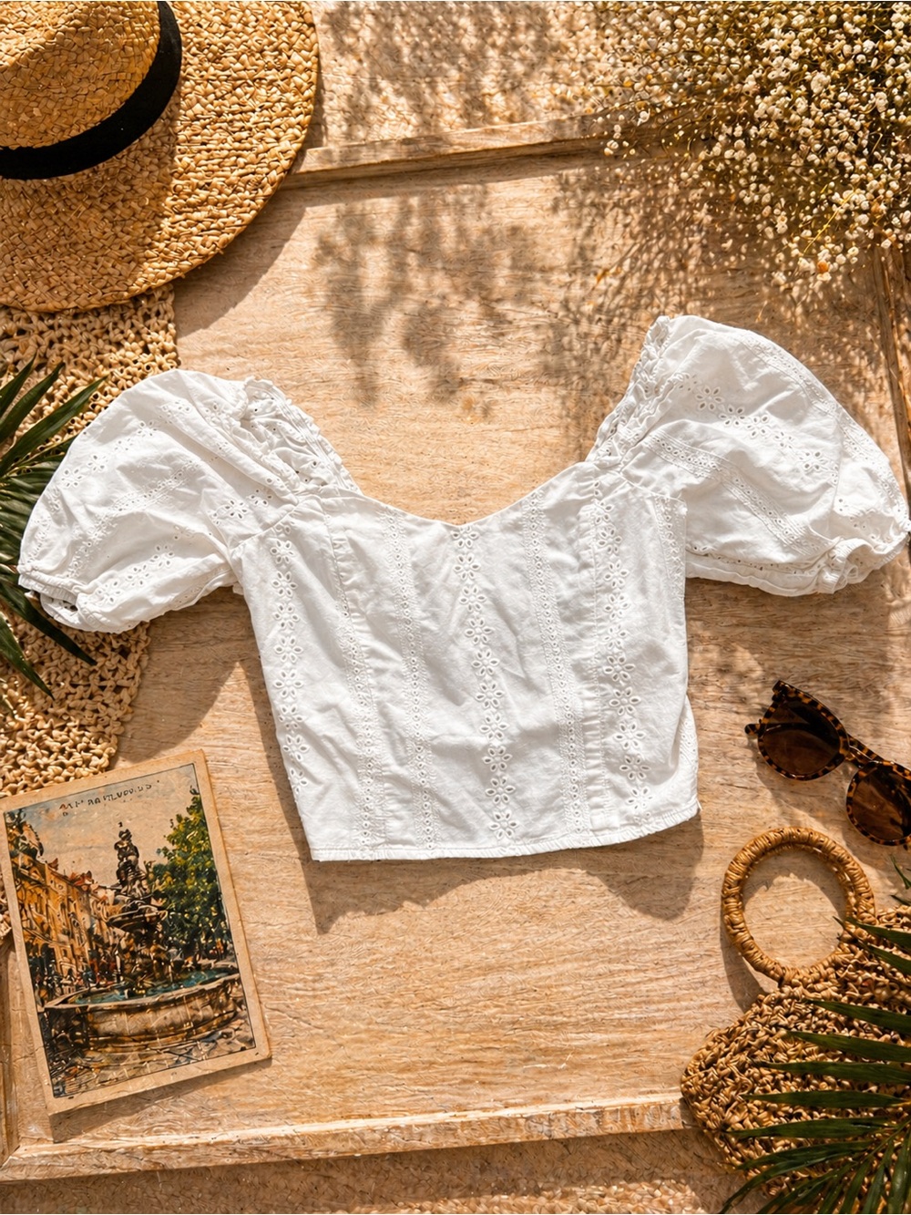 White Puff Sleeve Eyelet Crop Top - Women's